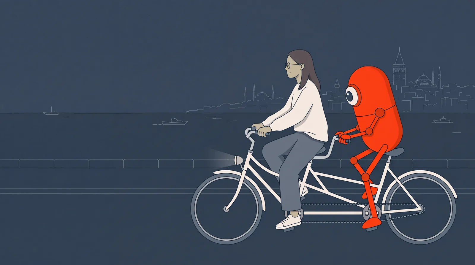 Gece, İstanbul kıyısında bir tandem bisiklet. Önde gözlüklü bir kadın direksiyonu tutuyor, arkada turuncu, tek gözlü kapsül biçimli bir AI figürü pedal çeviriyor. Arkada ince çizgilerle Galata Kulesi ve kubbeler.